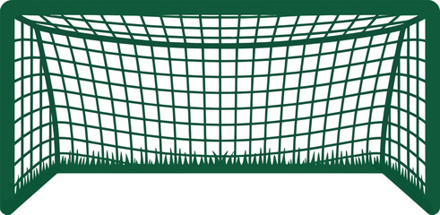 A green soccer goal with a net and grass is ready for a game.