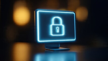 A glowing monitor displays a digital padlock symbol, representing cybersecurity and data protection in a modern, sleek design.
