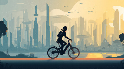 A cyclist commuting through a futuristic smart eco-city on an electric bicycle, morning sunrise atmosphere.