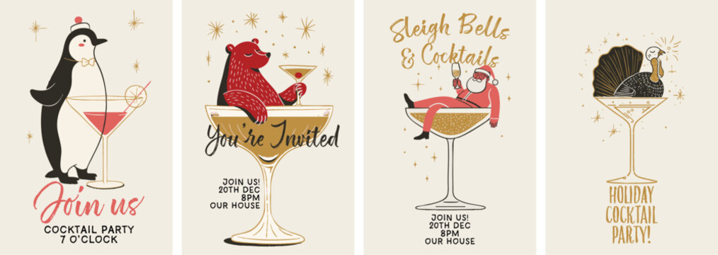 Festive Christmas cocktail party poster set with holiday characters and vintage drink illustrations