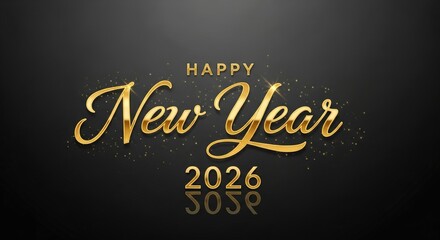 Happy new year greeting card with golden text and sparkling details on a dark background for year 2026