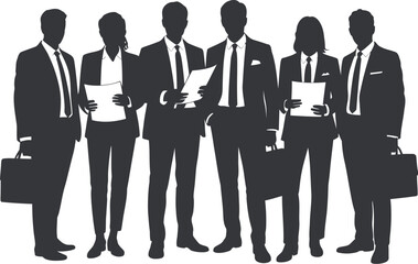 A diverse group of professionals stands together, representing teamwork and business success.