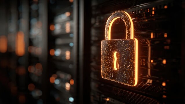 A glowing digital padlock symbolizing cybersecurity amidst server technology, emphasizing data protection and security.