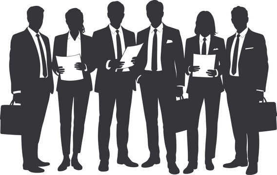 A diverse group of professionals stands together, representing teamwork and business success.