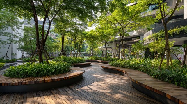 Modern urban park with curved wooden benches and decking amid lush foliage and clean pathways, offering a tranquil, sustainable green space for city relaxation and design