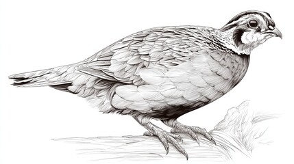 Fototapeta premium Detailed Line Art Illustration of a Quail on a Branch