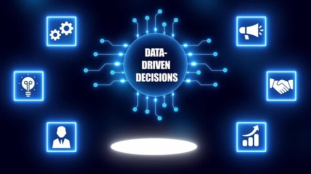 Data Driven Decisions Concept with Icons and Circuit Board Design on Dark Blue Background Keywords: data driven decisions, data, driven, decisions, data analysis, analytics, business