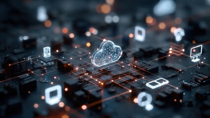 A digital representation of cloud computing, showcasing interconnected devices and networks through glowing lines and icons on a dark background.