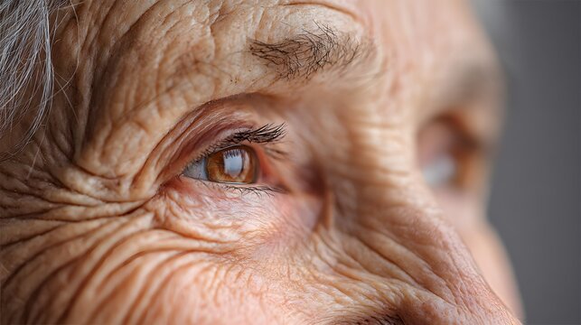 Extreme close up captures deeply creased skin texture surrounding a brown human eye