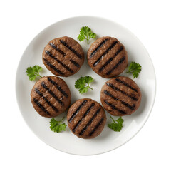 Five grilled burger patties with parsley garnish isolated on a transparent background patty meat
