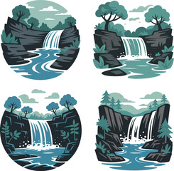 Four distinct artistic illustrations depict serene waterfalls flowing over rocky cliffs into tranquil rivers.
