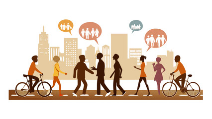 Cartoon silhouettes of people walking, cycling, and talking in a city street with buildings in background