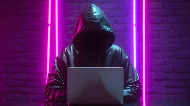 Anonymous figure wearing a hood works intently on a laptop against a backdrop of bright neon lights.