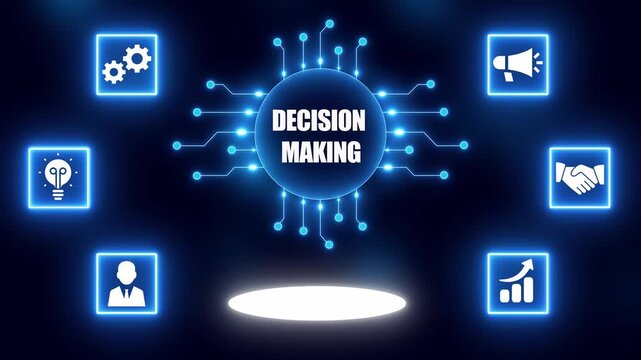 Decision Making Concept with Icons and Circuit Board Design on Dark Blue Background Keywords: decision making, decision, making, choices, judgment, conclusion, resolution, determination