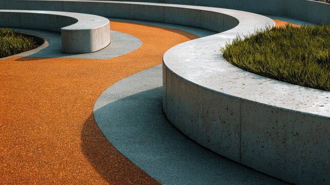 Urban landscape architecture featuring modern curved concrete walls and seating elements, creating a minimalist outdoor design with contrasting orange aggregate pathways and lush green planter beds - Powered by Adobe