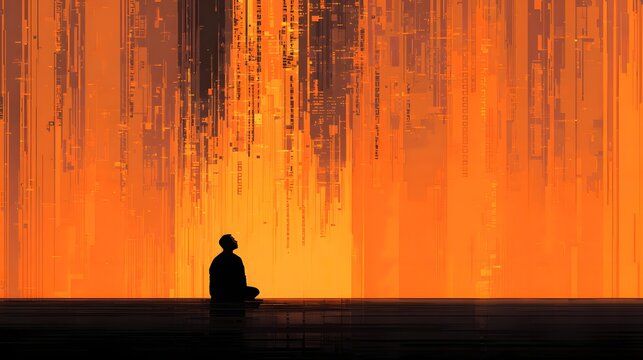 Solitary figure meditates against a backdrop of vibrant orange digital disruption - Powered by Adobe