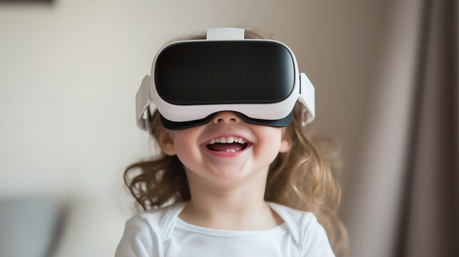 Close-up of smiling toddler wearing virtual reality headset, neutral background, copy space.
- Powered by Adobe
