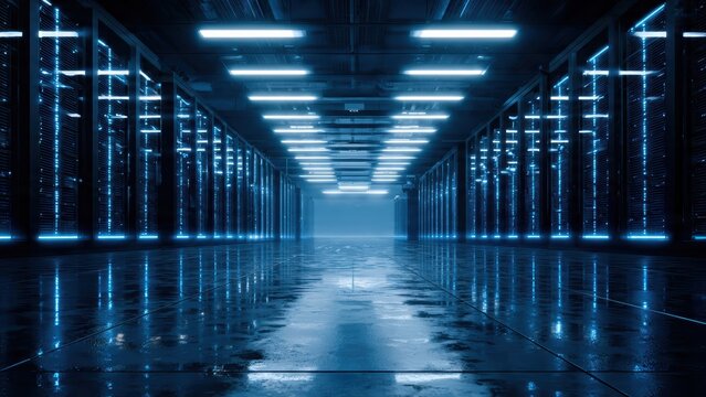 A futuristic data center corridor illuminated by blue lights, showcasing rows of servers and a reflective floor.