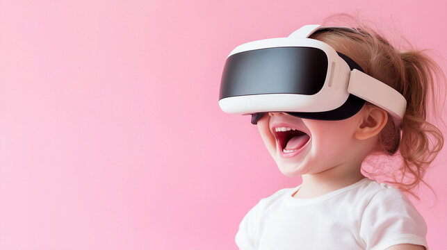 Toddler laughing while wearing VR glasses, soft pastel background, copy space.