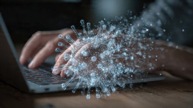 A hand typing on a laptop is surrounded by a digital representation of a virus, symbolizing the intersection of technology and health.