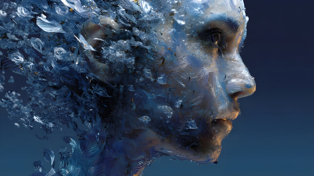 Abstract human face disintegrating, shattering digital identity