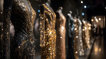 Row of shimmering sequined evening gowns displayed on mannequins in a dimly lit setting