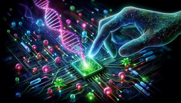 Futuristic hand interacting with digital dna and microchip technology