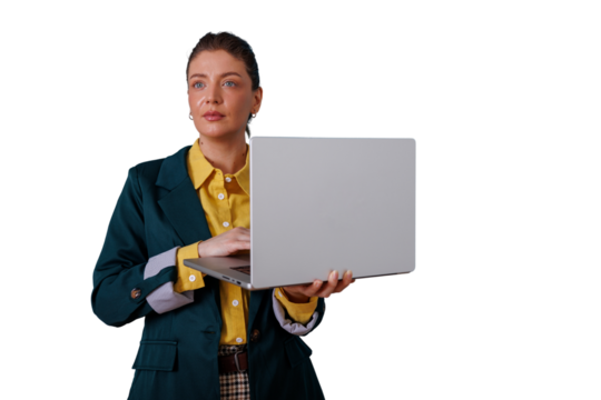 Professional businesswoman holding and typing on laptop, looking forward, thinking about future strategy with transparent background