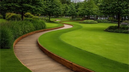 Winding wooden garden path creating a tranquil journey through carefully manicured green lawns and lush landscaping, offering a peaceful natural escape