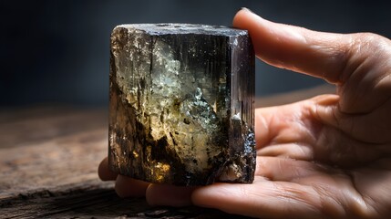 Large natural crystal formation held carefully between fingertips in dramatic light