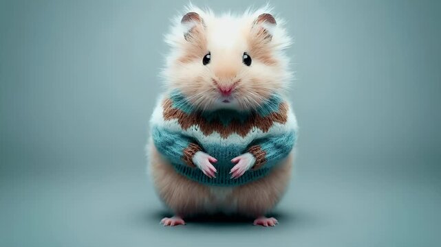 A closeup of a hamster wearing a blue and white sweater. The hamsters fur is a mix of white and light brown, and its eyes are black with white pupils.