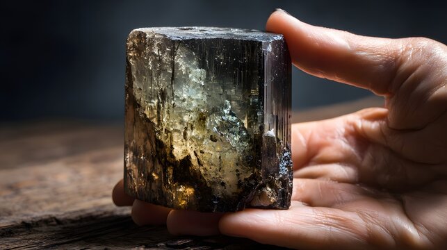 Large natural crystal formation held carefully between fingertips in dramatic light