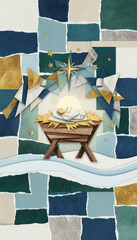 Obraz premium Nativity scene with baby Jesus in a manger, created with a torn paper collage. Artistic and modern Christmas illustration with angels and the Star of Bethlehem. 