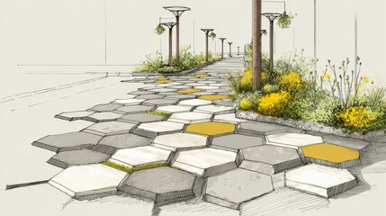 Urban landscape architecture plan visualizing a modern pedestrian pathway design featuring hexagonal pavers. Street lighting. Abundant green vegetation