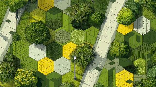Urban park design featuring an isometric view of interlocking hexagonal shapes creating a visually structured landscape with rich greenery, walkways, and streetlights
