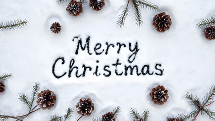 Merry Christmas text written on snow with pine cones and fir branches