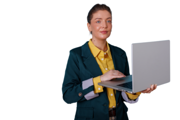 Young businesswoman working on laptop, typing, looking away while using technology. Professional at work concept. Transparent background