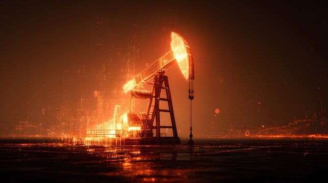 Illuminated petroleum extraction machinery glows with digital energy in a dark setting