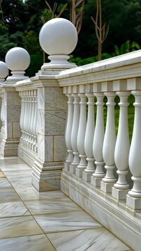 Elegant marble railing features smooth balusters and rounded finials, highlighted by lush greenery and classic architecture