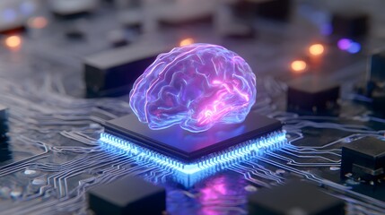 Glowing digital human mind rests atop a central processing unit integrated into a complex electronic circuit board