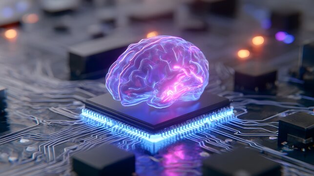 Glowing digital human mind rests atop a central processing unit integrated into a complex electronic circuit board