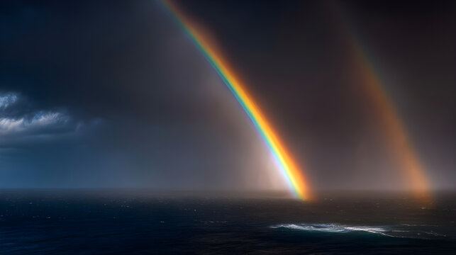 Double rainbow appearing over dark ocean storm