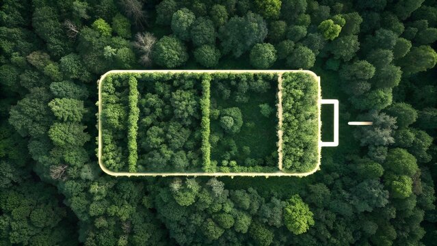 Concept of sustainable energy battery Icon of a lush forest forming green technology, eco-friendly power, and natural Solutions Image of environmental conservation