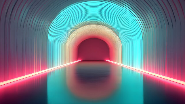 Abstract arched tunnel generating vibrant colorful neon light