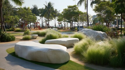 Modern public park with sleek white concrete benches, decorative grasses, palm trees and a distant children's playground offering a peaceful, sunny urban green space for leisure
