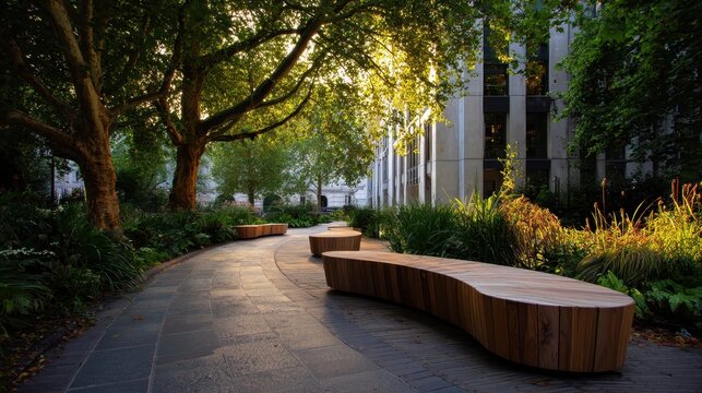 Modern curving wooden benches lining a winding paved path through a contemporary urban park garden. Illuminated by warm sunlight filtering through green trees and foliage - Powered by Adobe