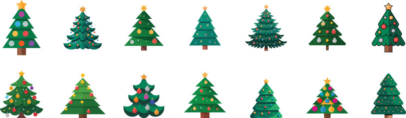 Set of vector Christmas tree, different designs, colors, and decorations. vector art.