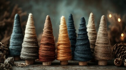 Captivating display of handmade yarn trees in warm and earthy tones adorning a rustic setting, perfect for evoking a cozy holiday vibe or creative DIY decor inspiration.