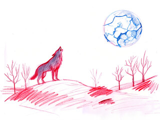 Red and purple wolf howling at a broken moon in winter night