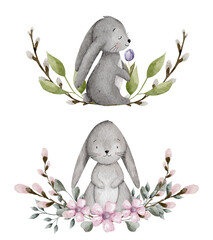 Cute watercolor bunny with spring flowers